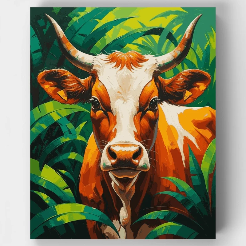 Vibrant Cow in Tropical Foliage - Paint by Numbers Kit