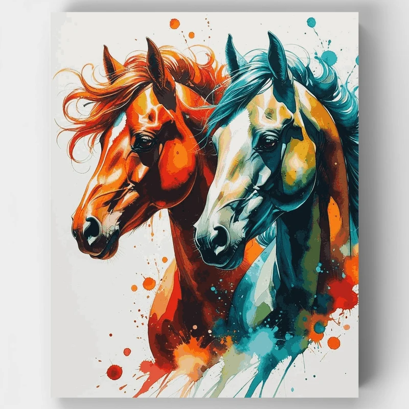 Vibrant Horses in Watercolor Splashes - Paint by Numbers Kit