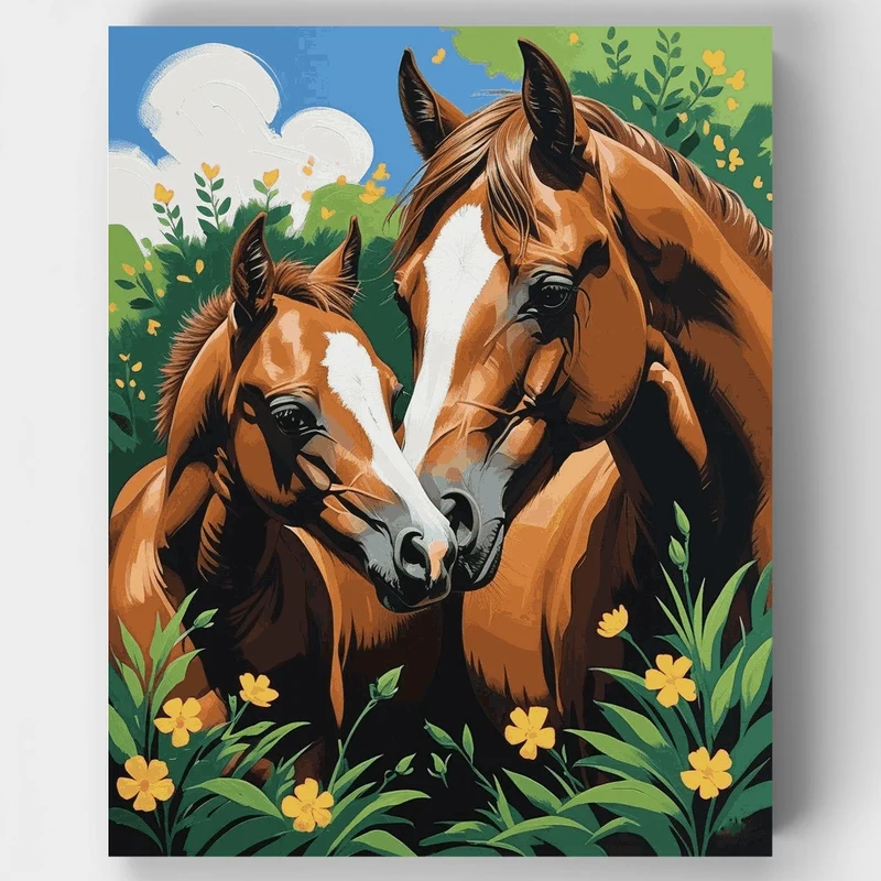 Mother and Foal in Blooming Meadow - Paint by Numbers Kit