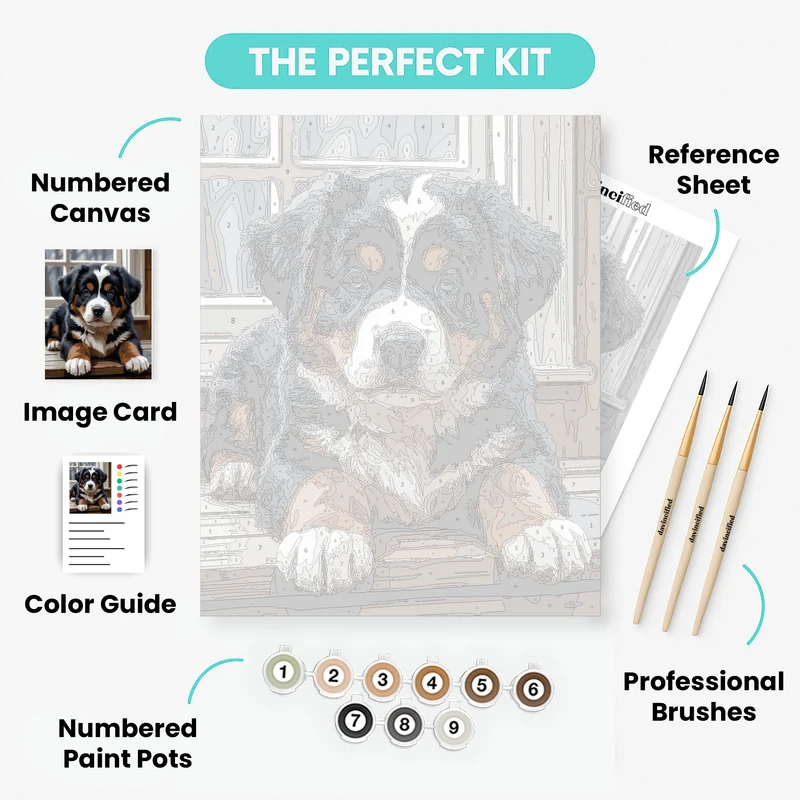 Adorable Bernese Mountain Dog Puppy on Porch - Paint by Numbers Kit
