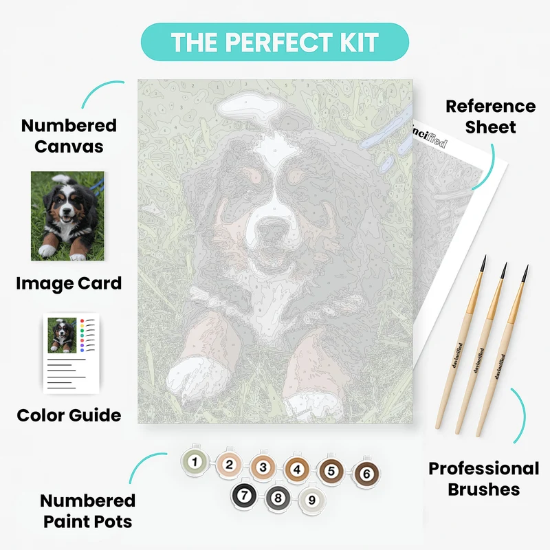 Cheerful Bernese Mountain Dog Puppy in Grass - Paint by Numbers Kit