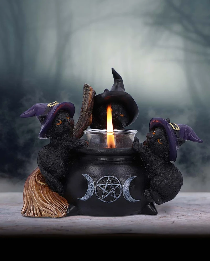 Hexen Kätzchen mit Kessel Teelichthalter 12,5cm