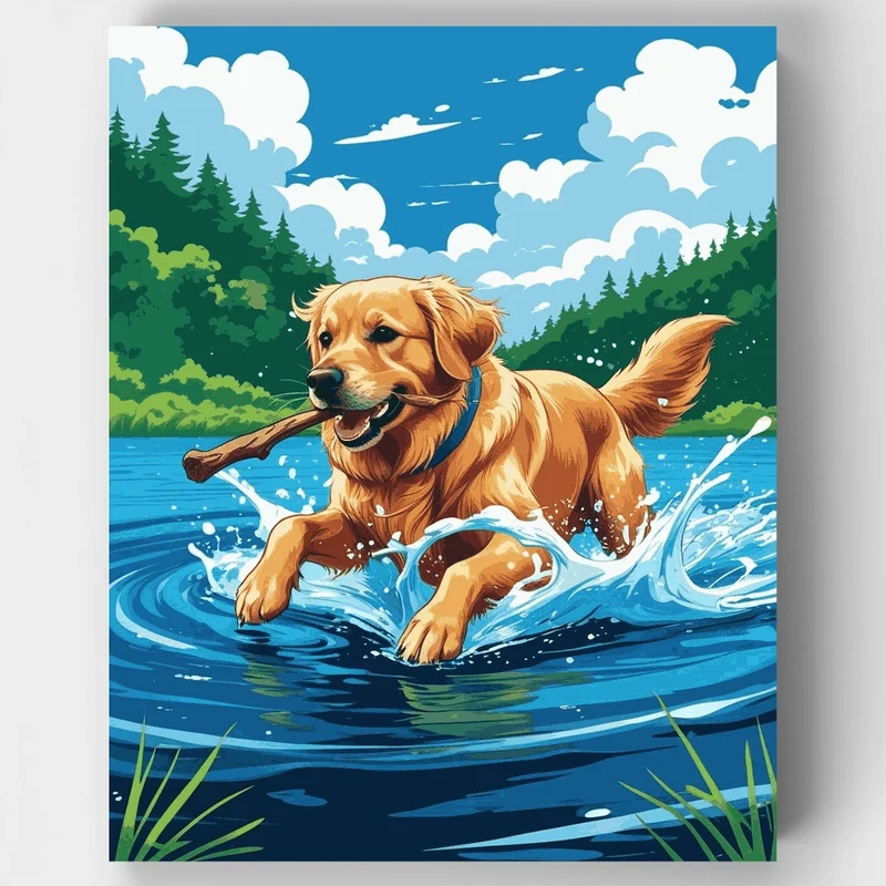 Golden Retriever Playing in Water - Paint by Numbers Kit