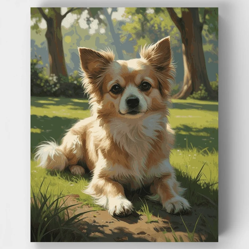 Fluffy Corgi in Sunlit Garden - Paint by Numbers Kit