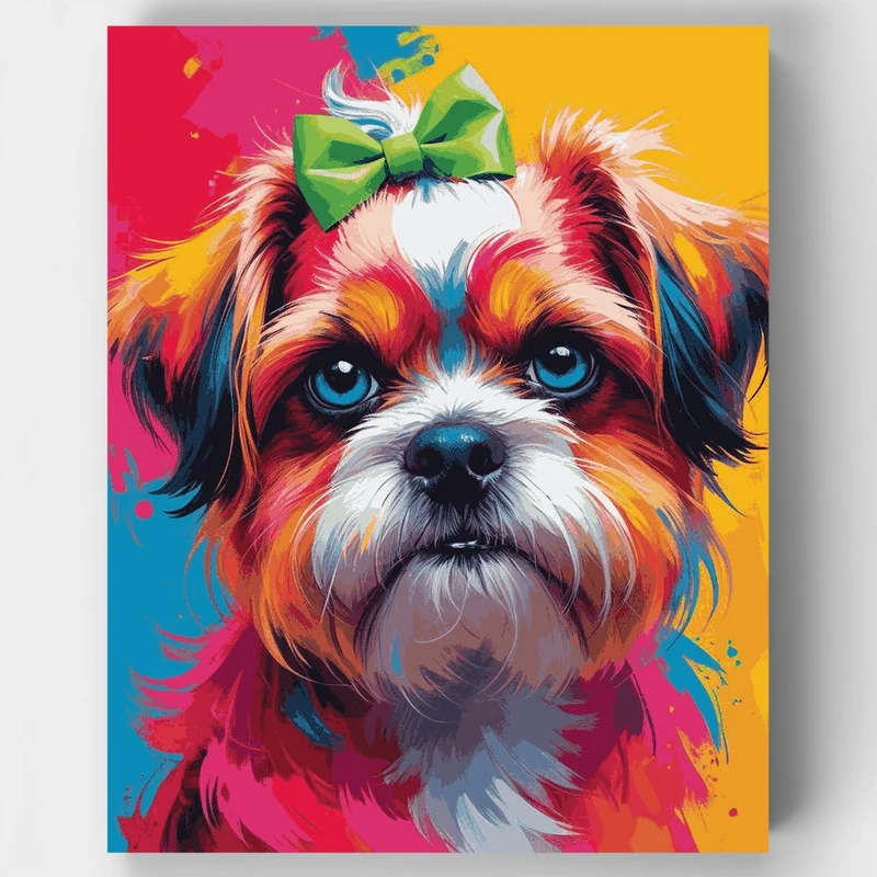 Colorful Shih Tzu with Green Bow - Paint by Numbers Kit
