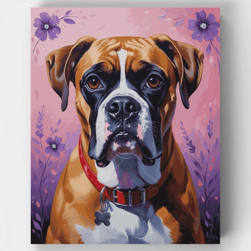 Boxer Dog with Purple Flowers - Paint by Numbers Kit