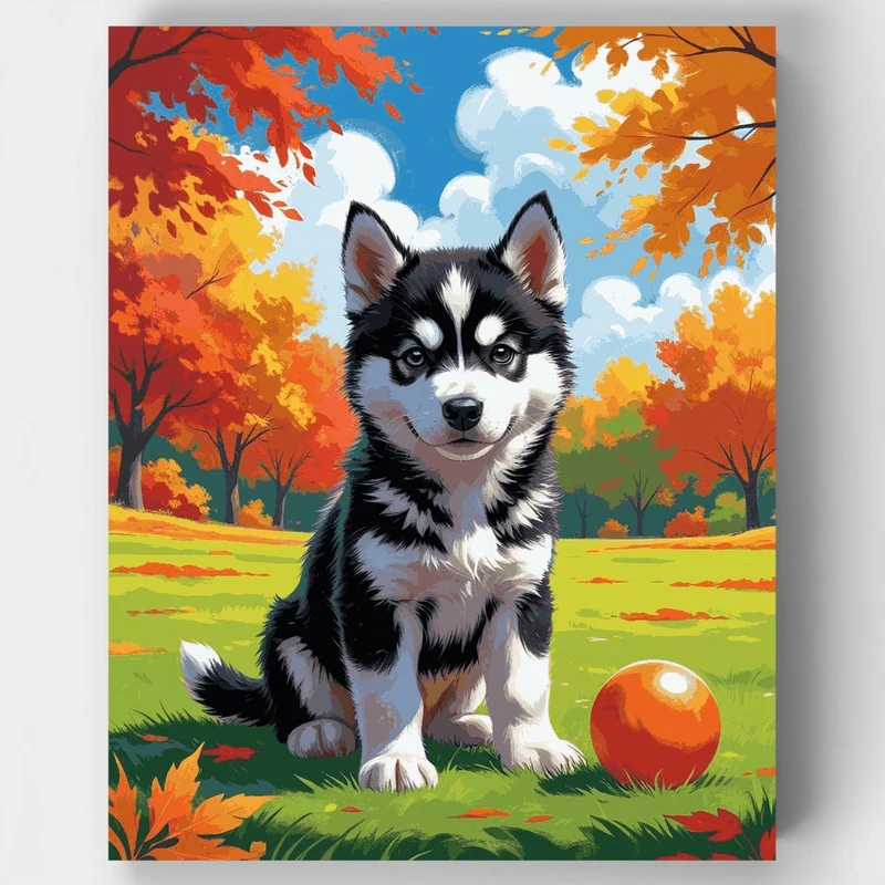 Husky Puppy in Autumn Meadow - Paint by Numbers Kit