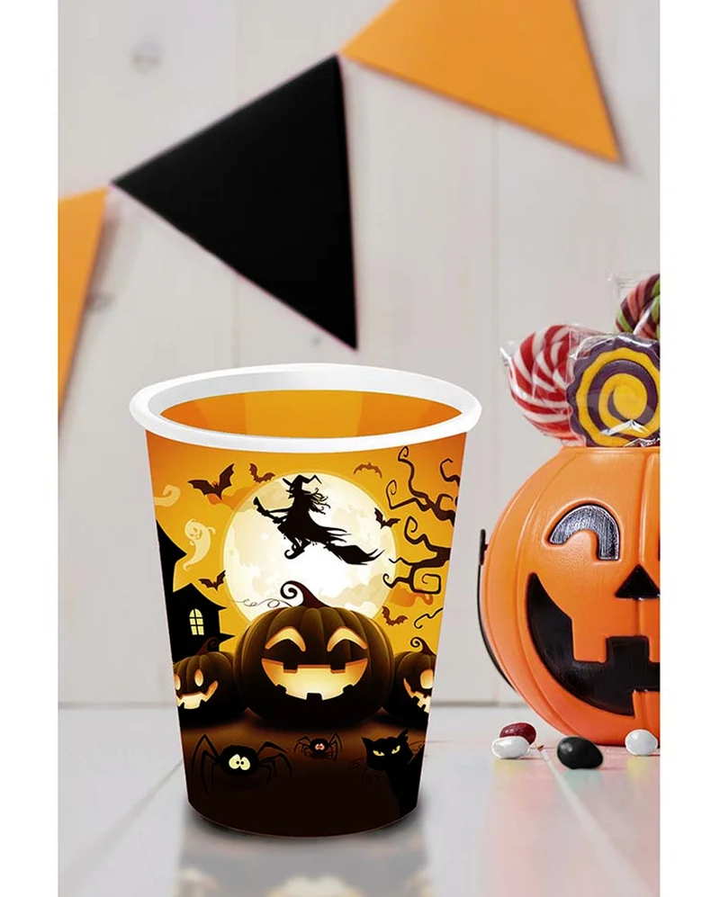 6 Große Happy Halloween Kürbis Pappbecher