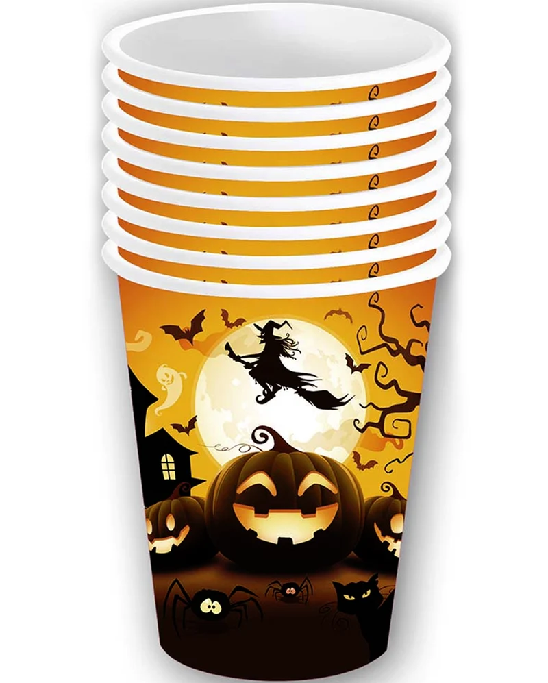 6 Große Happy Halloween Kürbis Pappbecher