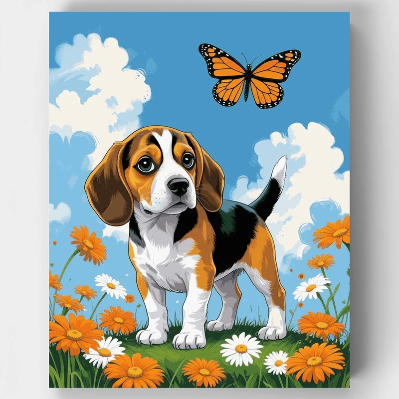 Beagle Puppy in a Flower Field - Paint by Numbers Kit