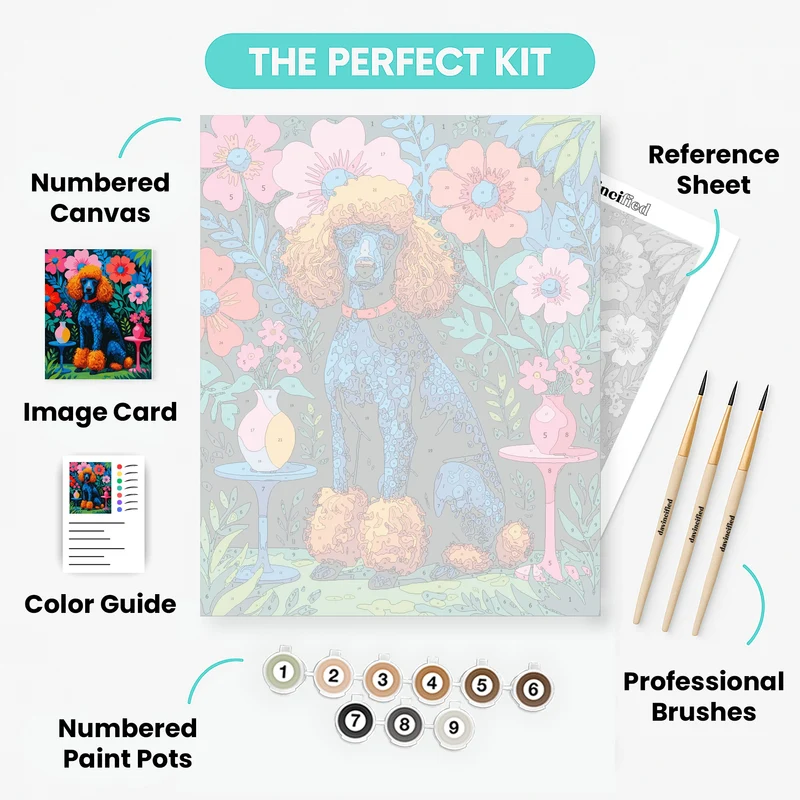 Blue Poodle with Orange Curls in Floral Garden - Paint by Numbers Kit