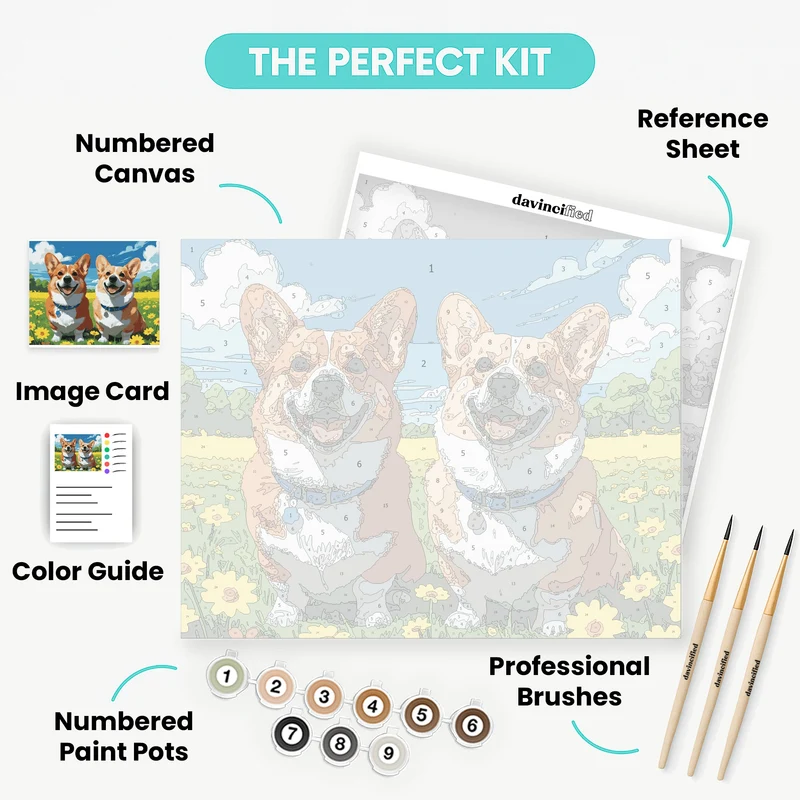 Two Happy Corgis in a Flower Field - Paint by Numbers Kit