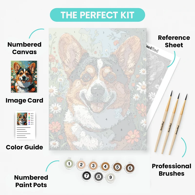 Happy Corgi in Flower Garden - Paint by Numbers Kit