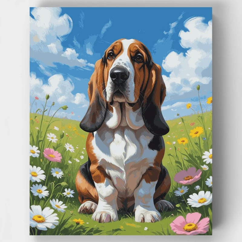 Basset Hound in Flower Field - Paint by Numbers Kit