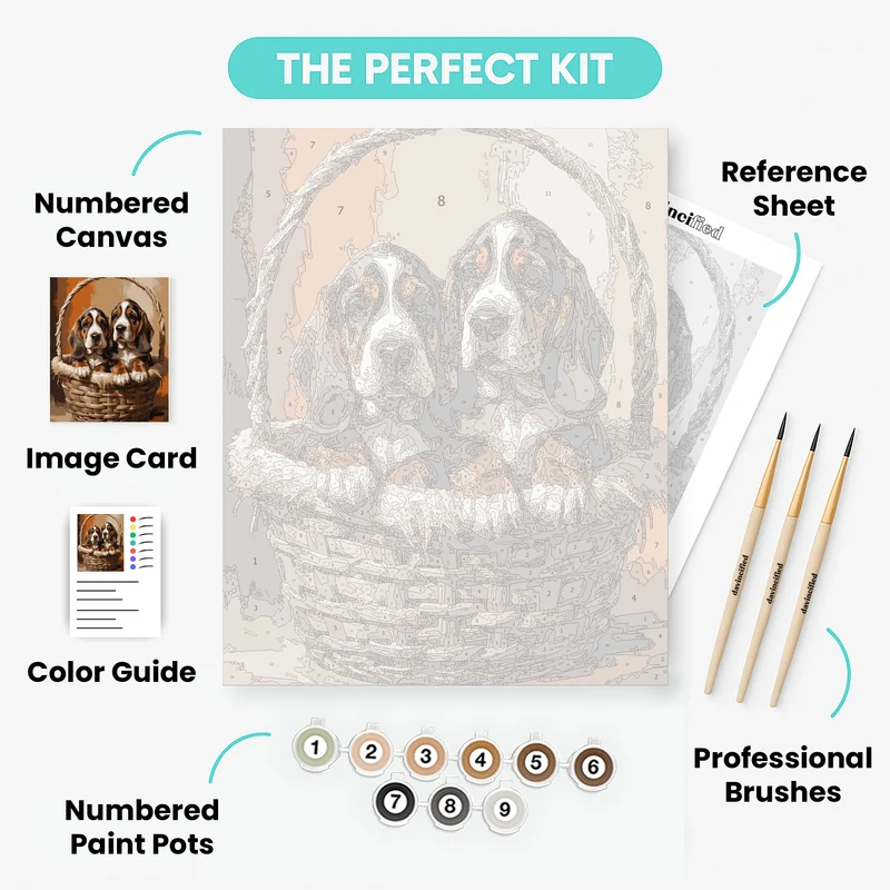 Basset Hound Puppies in Basket - Paint by Numbers Kit