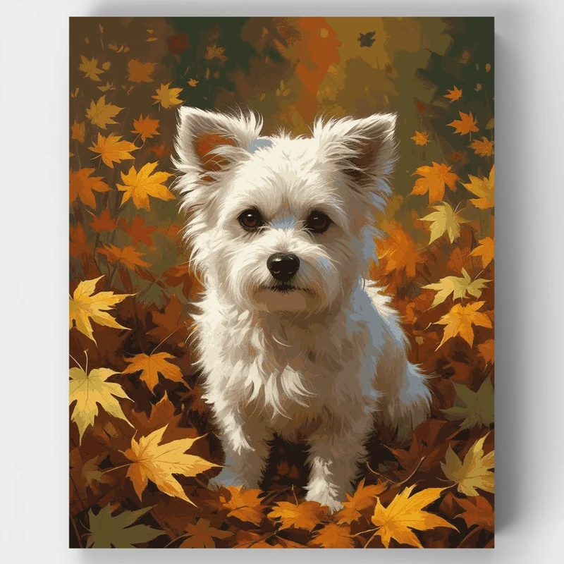 White Terrier in Autumn Leaves - Paint by Numbers Kit