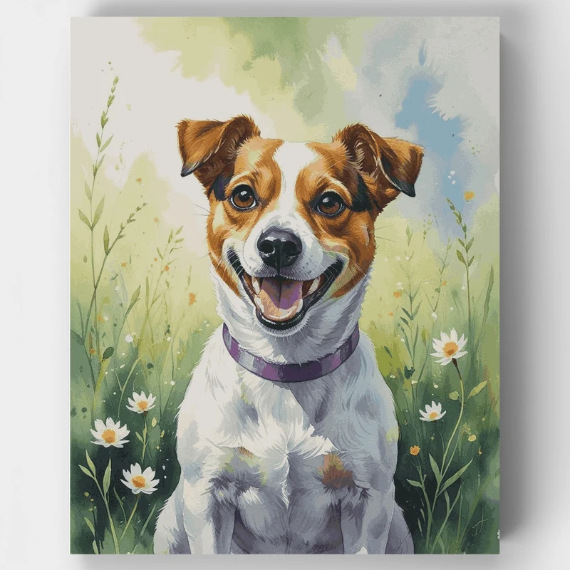 Happy Jack Russell in Flower Meadow - Paint by Numbers Kit