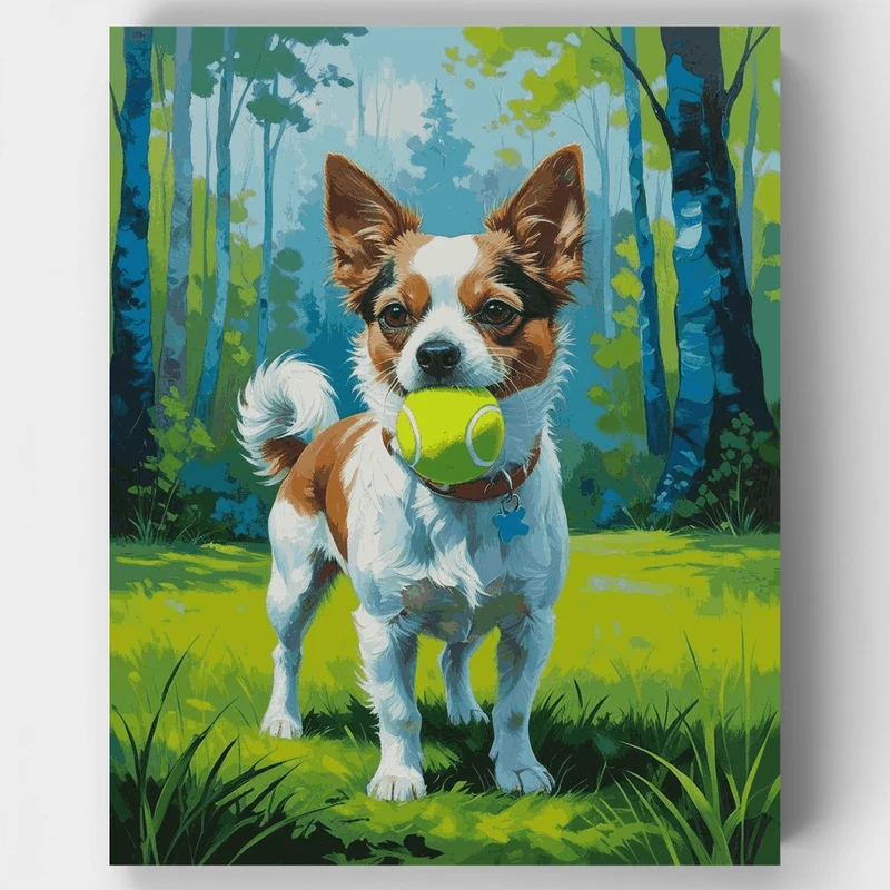 Cheerful Dog with Tennis Ball in Forest - Paint by Numbers Kit