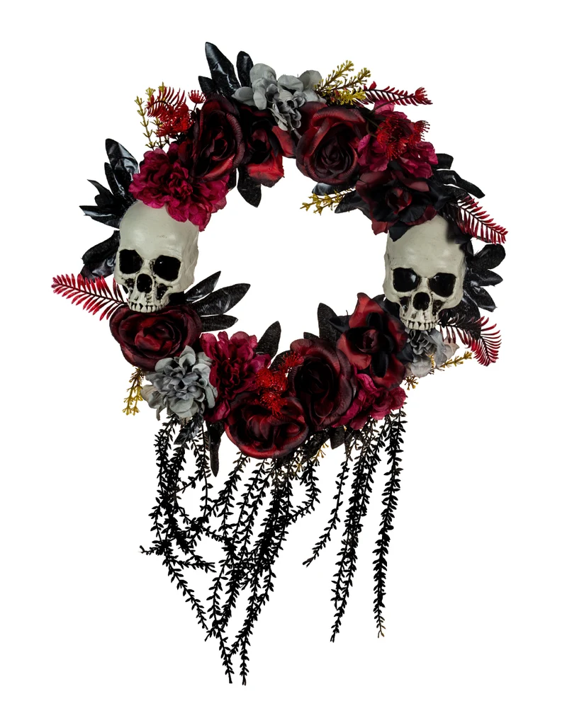 Halloween Türkranz mit verblühten Rosen & Totenköpfe