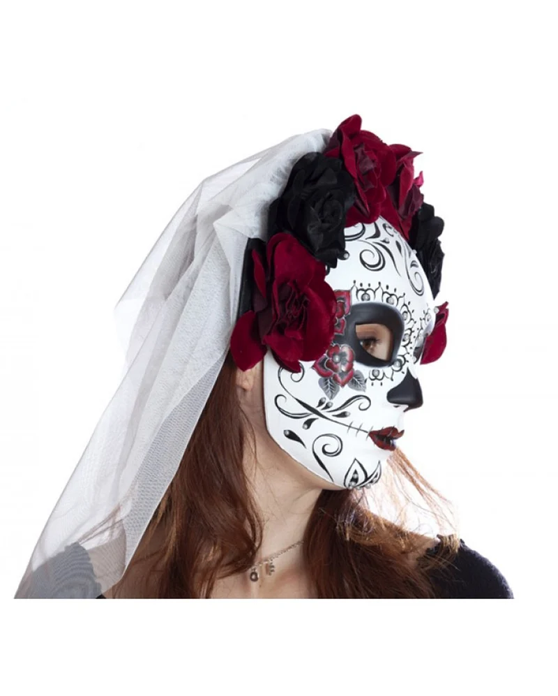 Sugar Skull Maske mit Blüten & Schleier