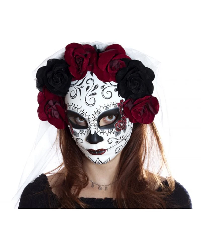 Sugar Skull Maske mit Blüten & Schleier