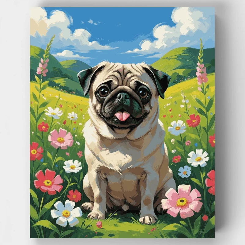 Happy Pug in a Flower Meadow - Paint by Numbers Kit