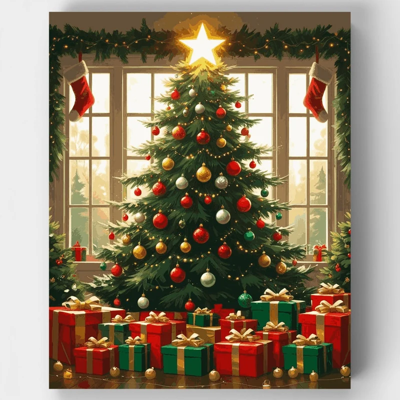 Christmas Tree with Presents and Star - Paint by Numbers Kit