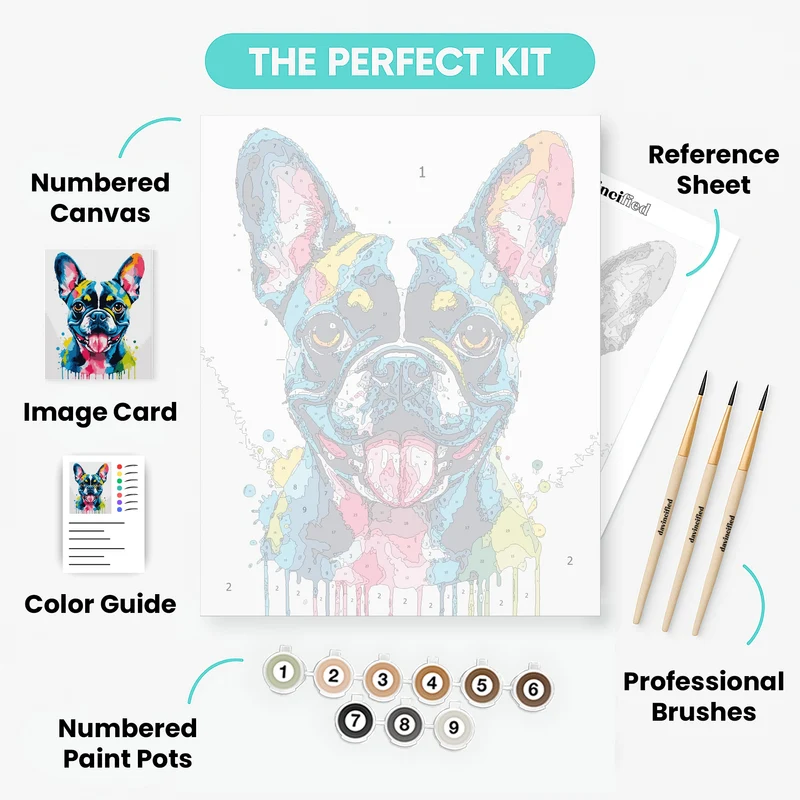 Watercolor French Bulldog with Paint Drips - Paint by Numbers Kit