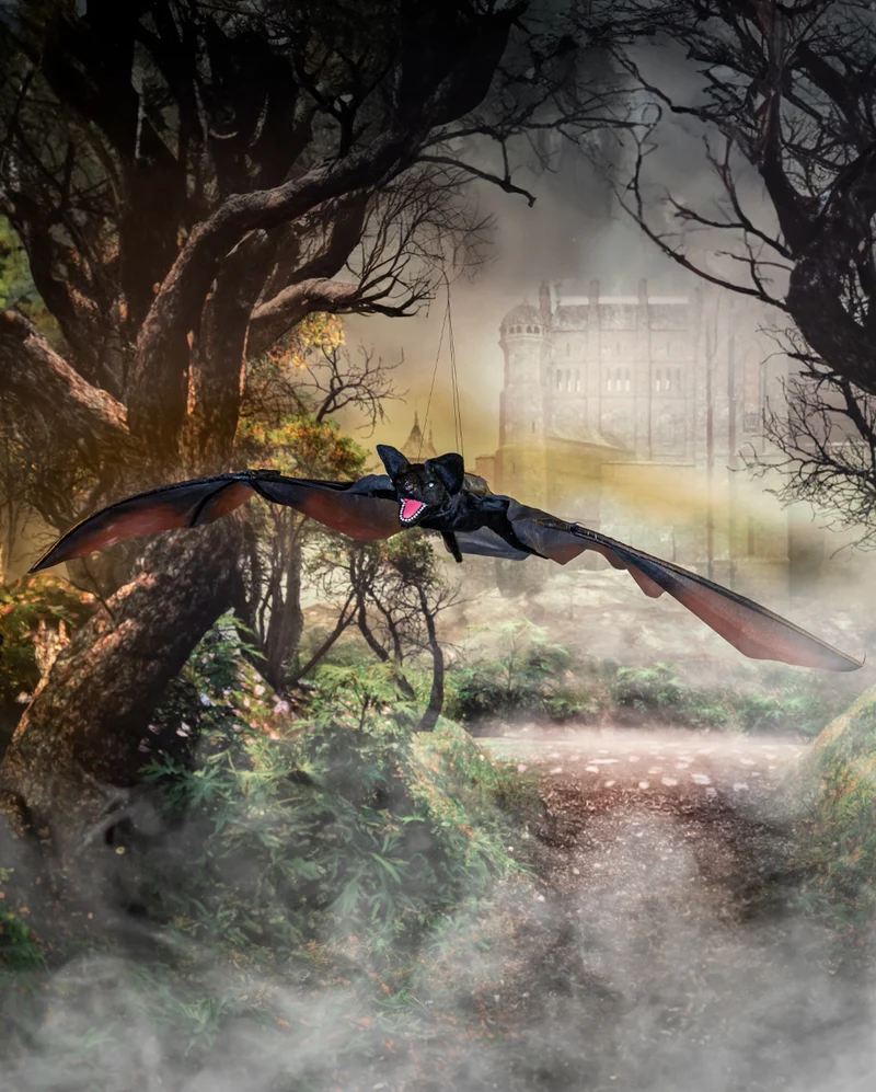 Schwarze Vampir Fledermaus mit Bewegung, Licht & Sound 122cm
