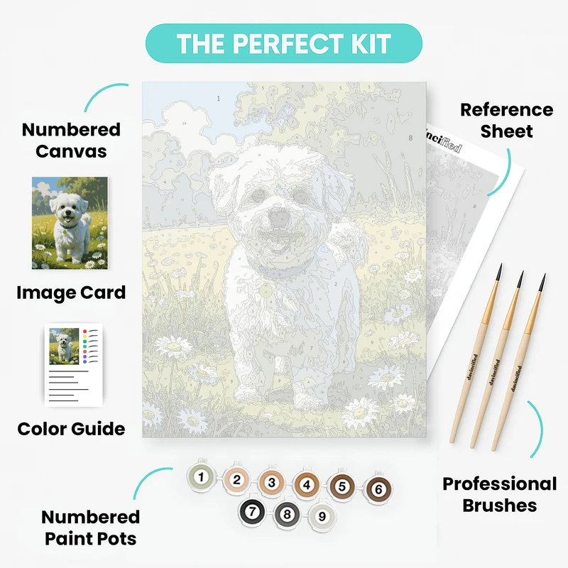 Happy White Fluffy Dog in Daisy Field - Paint by Numbers Kit