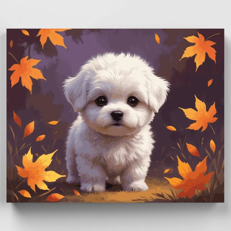 Fluffy White Puppy in Autumn Leaves - Paint by Numbers Kit