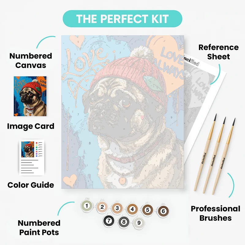 Love Always Pug in Red Beanie - Paint by Numbers Kit