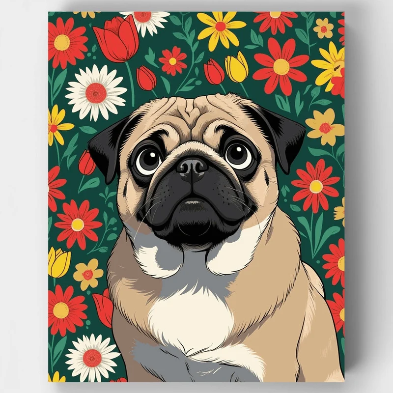 Pug in Flower Garden - Paint by Numbers Kit