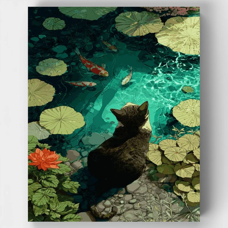 "Koi Reflections and Cat Dream" Paint by Numbers Kit