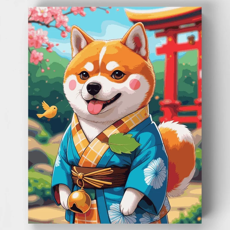 Shiba Inu in Traditional Japanese Kimono - Paint by Numbers Kit