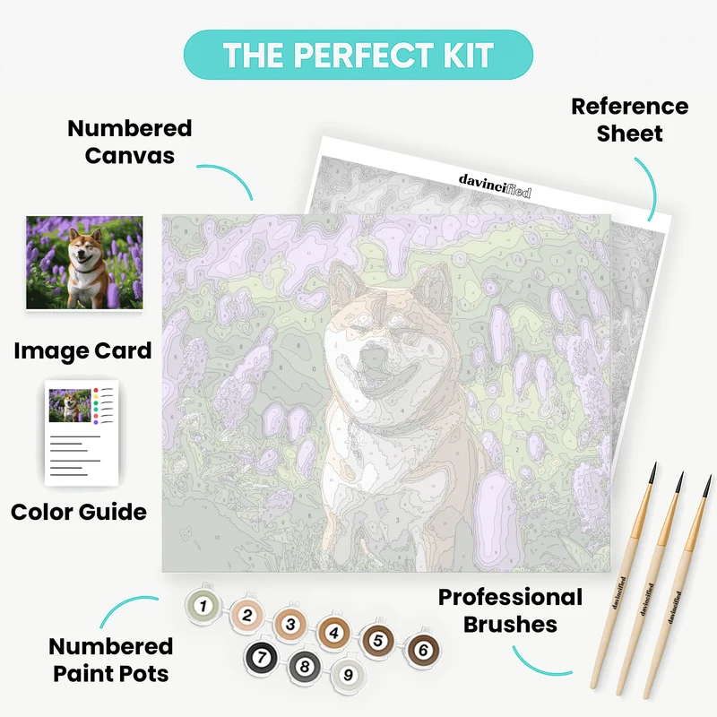 Happy Shiba Inu in Purple Flower Garden - Paint by Numbers Kit