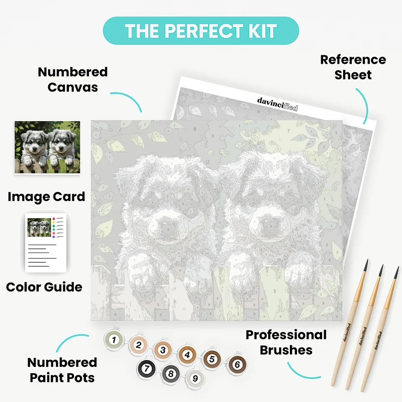 Two Adorable Puppies Peeking Over Fence - Paint by Numbers Kit