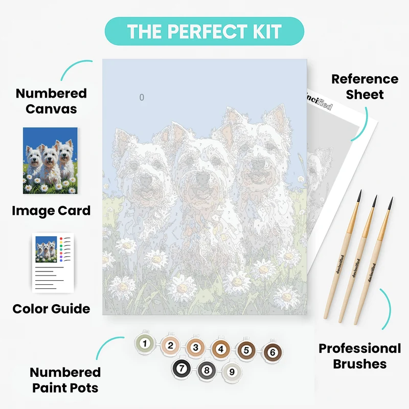 Three Happy Westies in Daisy Field - Paint by Numbers Kit