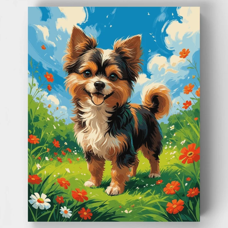 Adorable Yorkshire Terrier in Flower Field - Paint by Numbers Kit