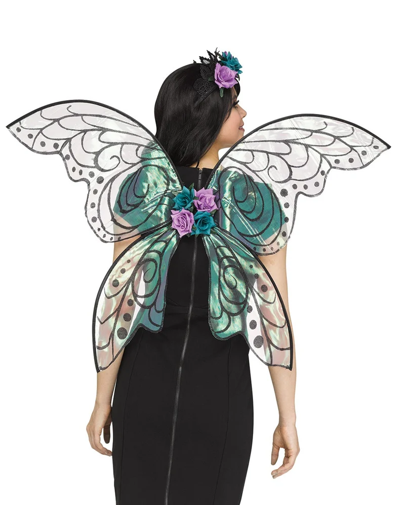 Schimmernde Feenflügel mit Blumen Schwarz Glitter