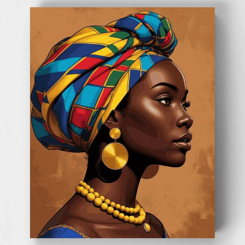 African Woman in Colorful Head Wrap Portrait - Paint by Numbers Kit
