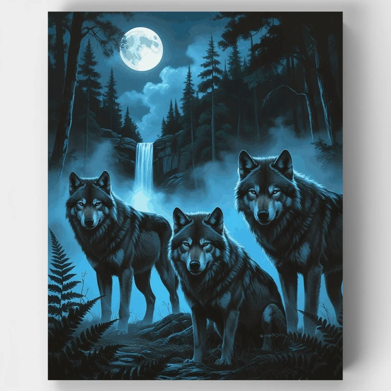 Moonlit Wolf Pack in Forest - Paint by Numbers Kit