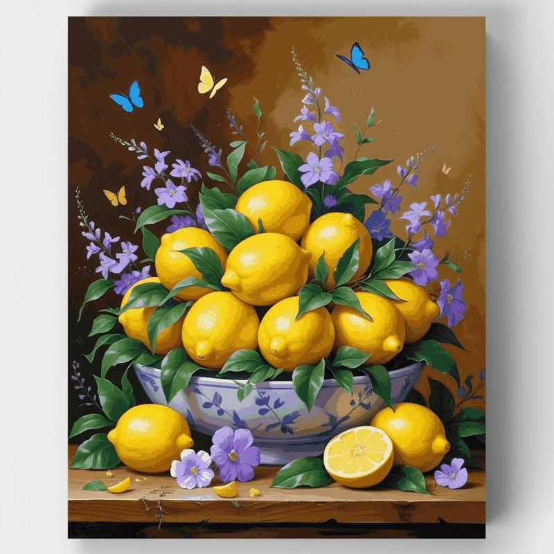 Lemon Still Life with Purple Flowers - Paint by Numbers Kit
