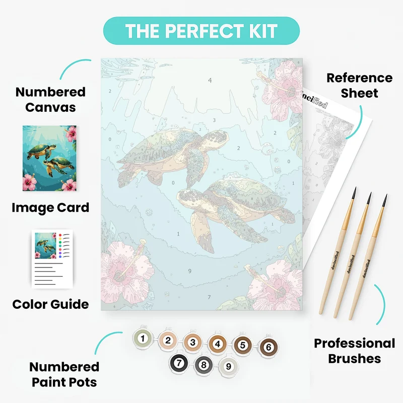 Sea Turtles Swimming with Hibiscus Flowers - Paint by Numbers Kit