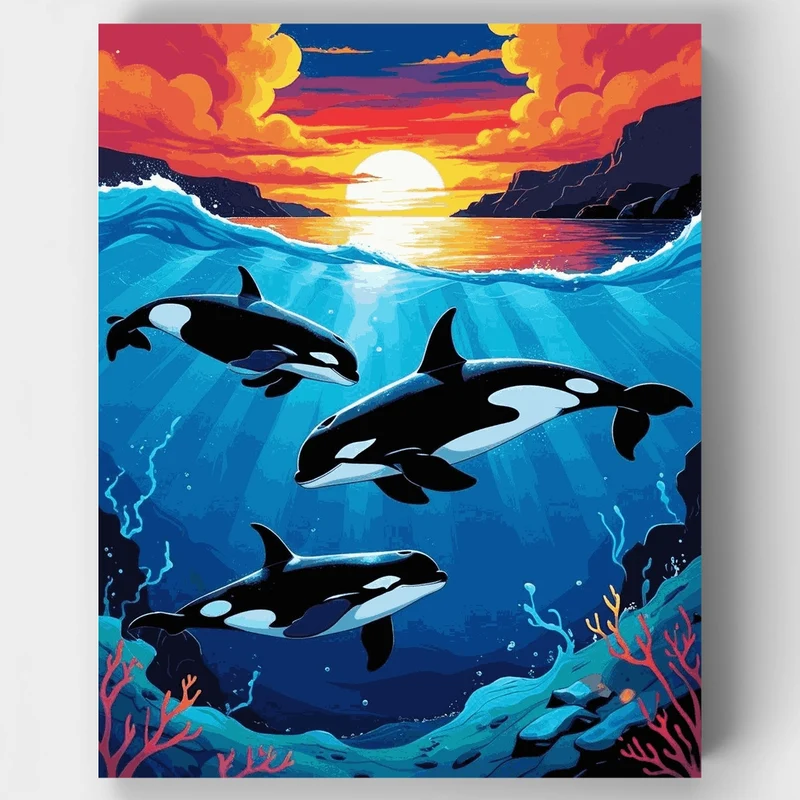 Orcas Swimming at Sunset - Paint by Numbers Kit