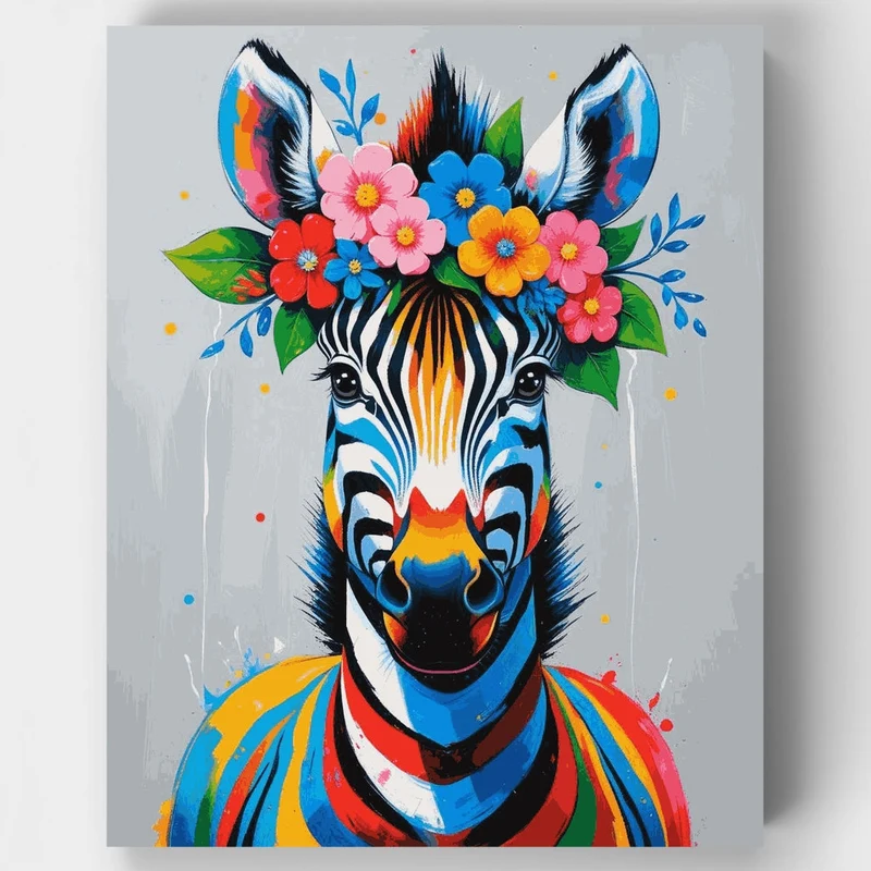 Colorful Zebra with Floral Crown - Paint by Numbers Kit