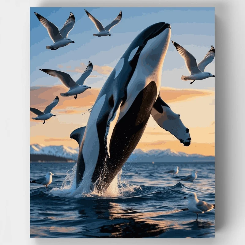 Orca Whale Breaching with Seagulls - Paint by Numbers Kit