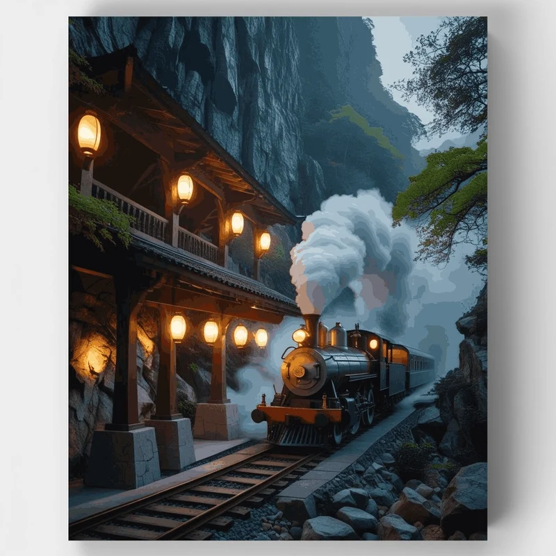 Mountain Railway Station Fantasy Scene - Paint by Numbers Kit
