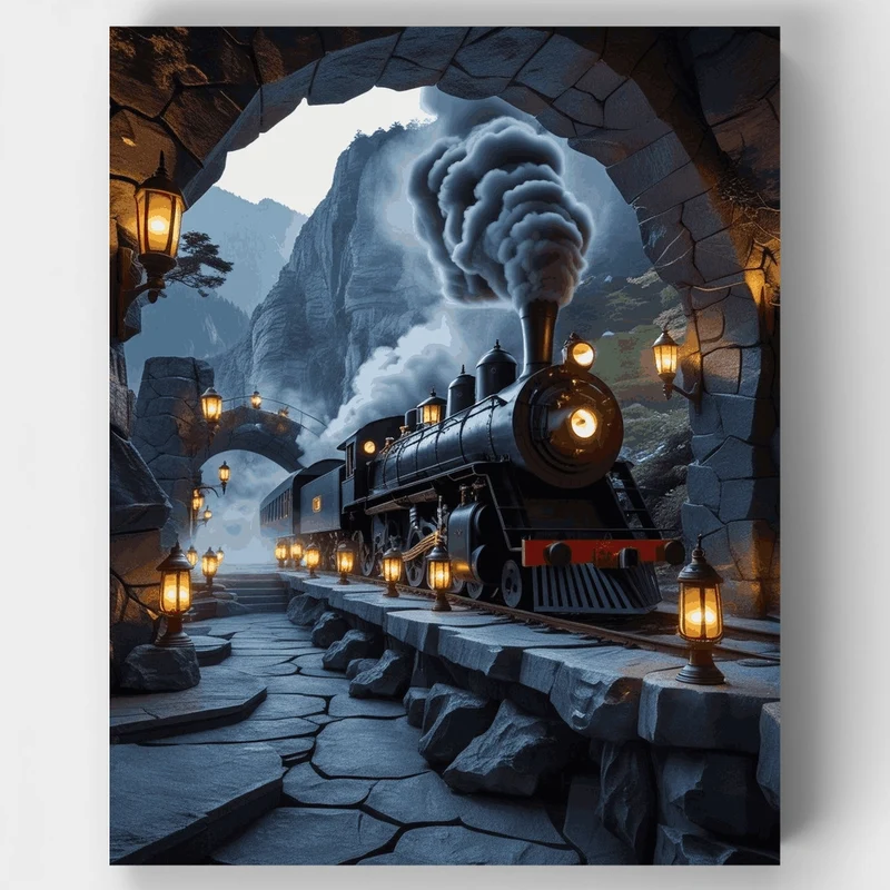 Mystical Steam Train Through Mountain Tunnel - Paint by Numbers Kit
