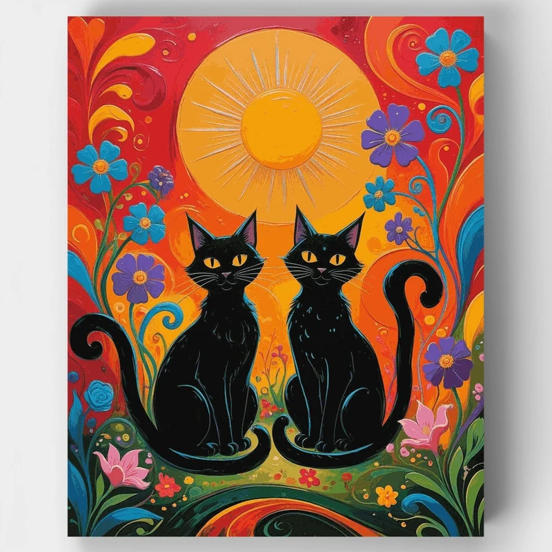 Two Black Cats in Colorful Garden - Paint by Numbers Kit